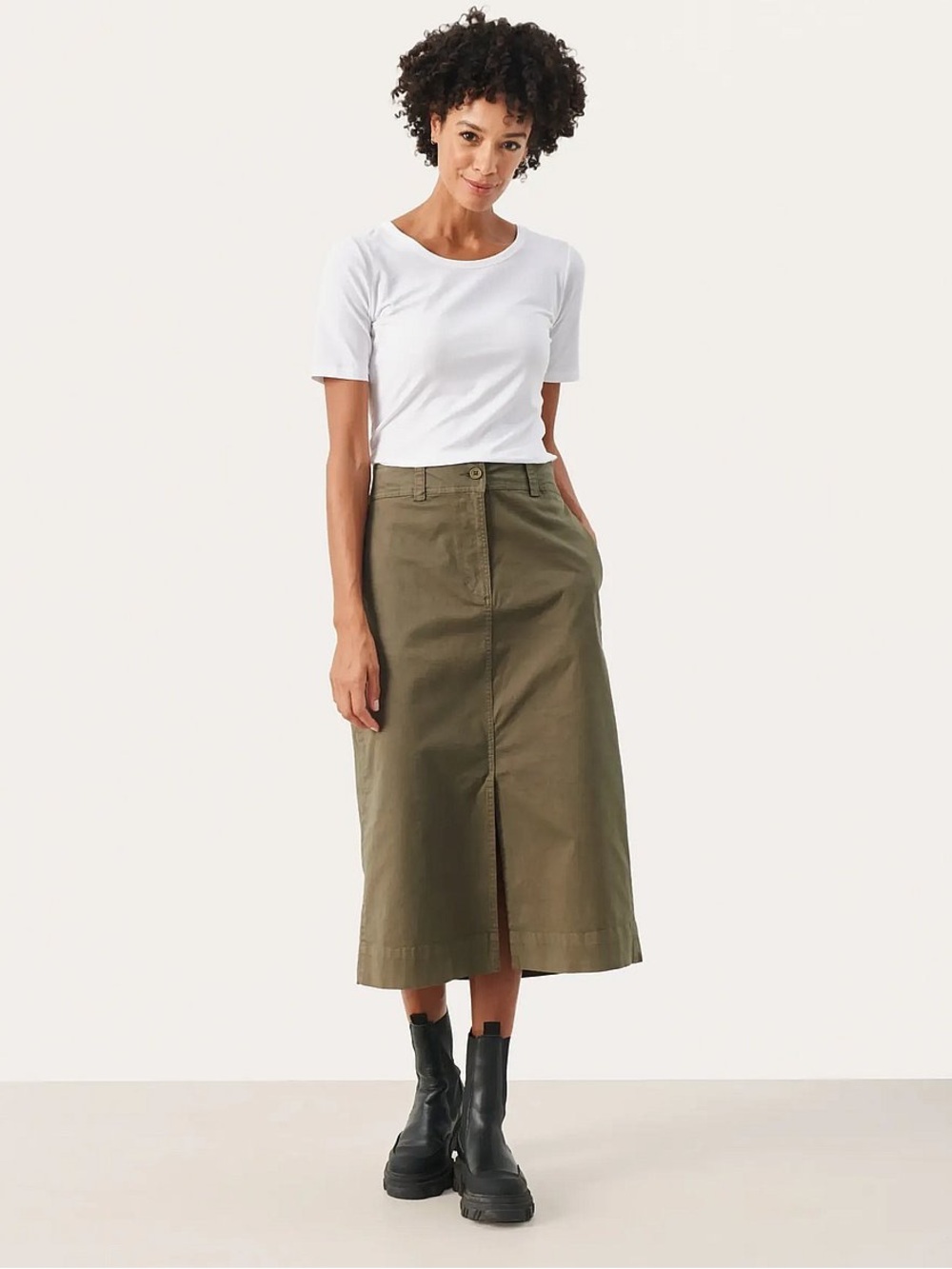 Olive Green Midi Skirt - Women's Classic Straight Silhouette